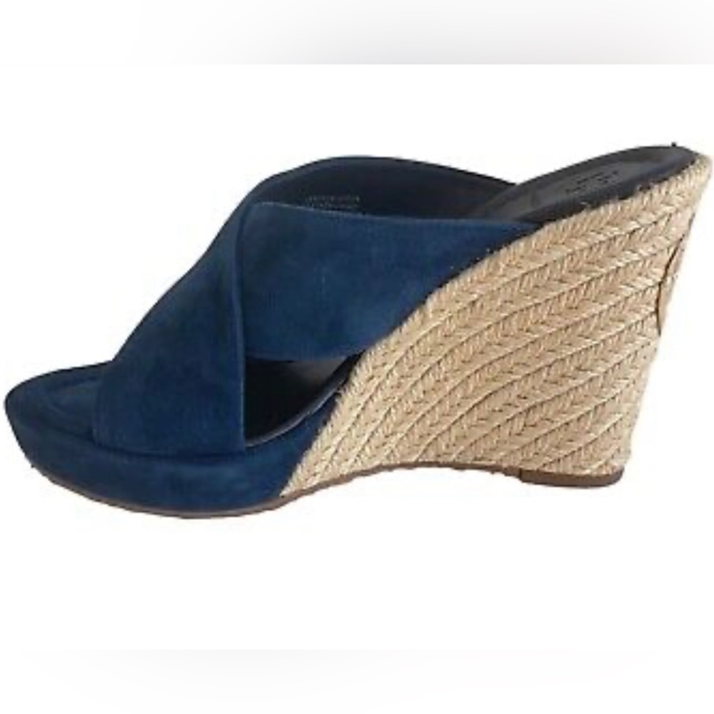 🆕 Tory Burch Bailey Blue Suede Wedge Mule Espadrilles Sandals, Size 9.5